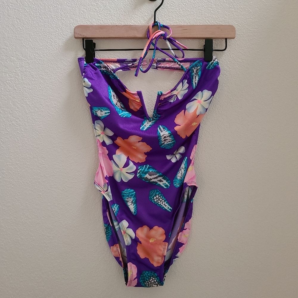 Vintage 70's 80's Halter Tropical Union Flowers Swimsuit